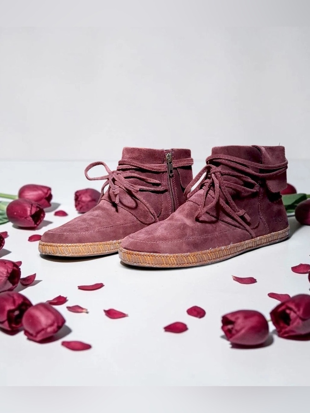 UGG Reid Ankle Boots Wine Maroon Burgundy Suede Leather Mocassin Tie Womens 7.5